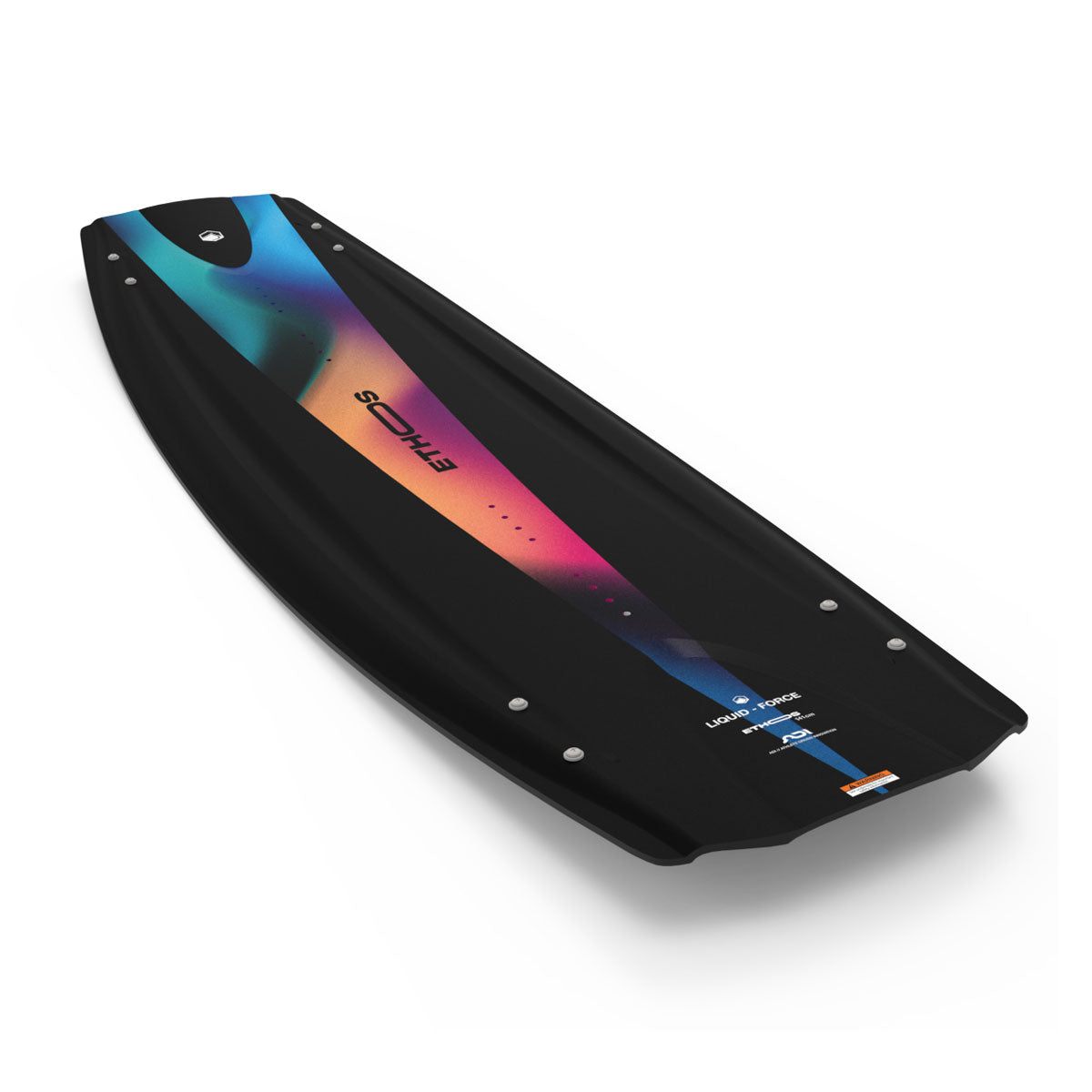 Angled top view of Ethos wakeboard showing vibrant gradient stripe design.