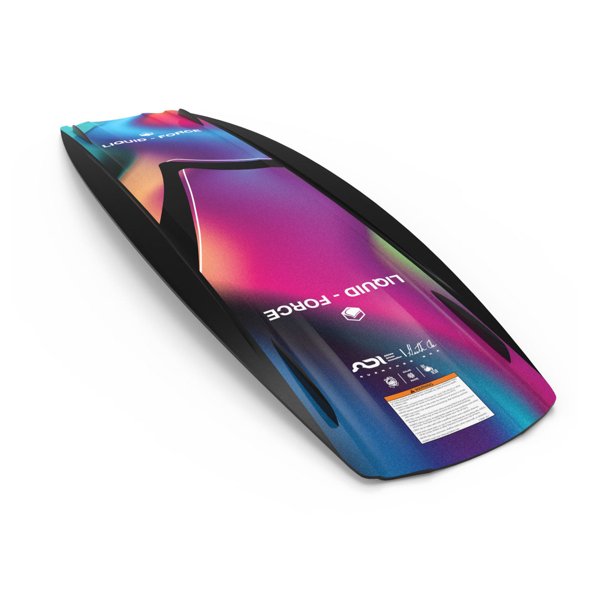 Angled bottom view of Ethos wakeboard with multicolor gradient and logo.