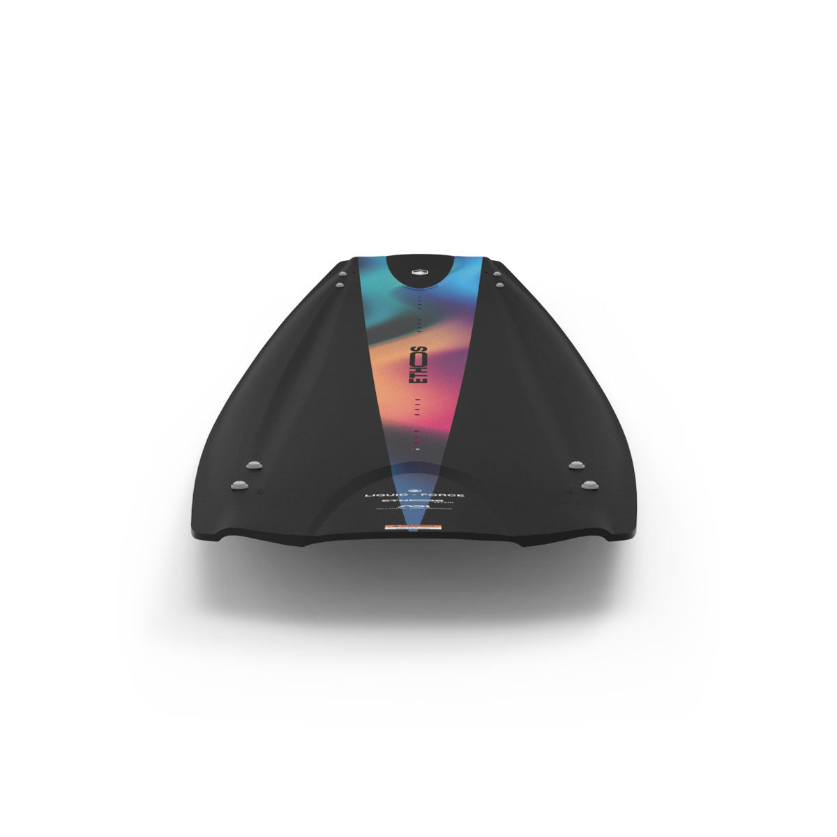 Rear view of Ethos wakeboard base with gradient stripe and fin mounts.
