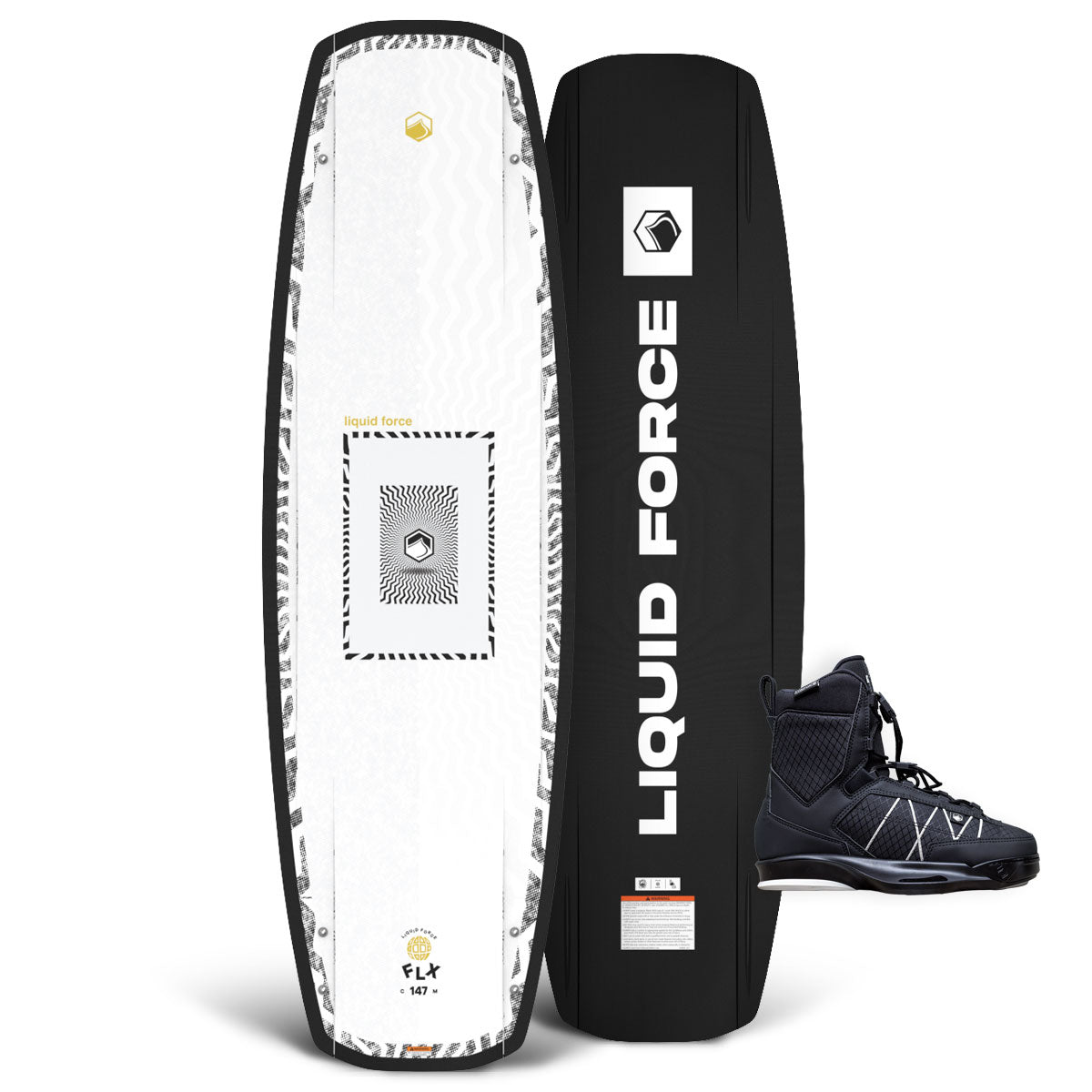 Top and base view of FLX wakeboard with white and black pattern and black TAO 6X bindings.