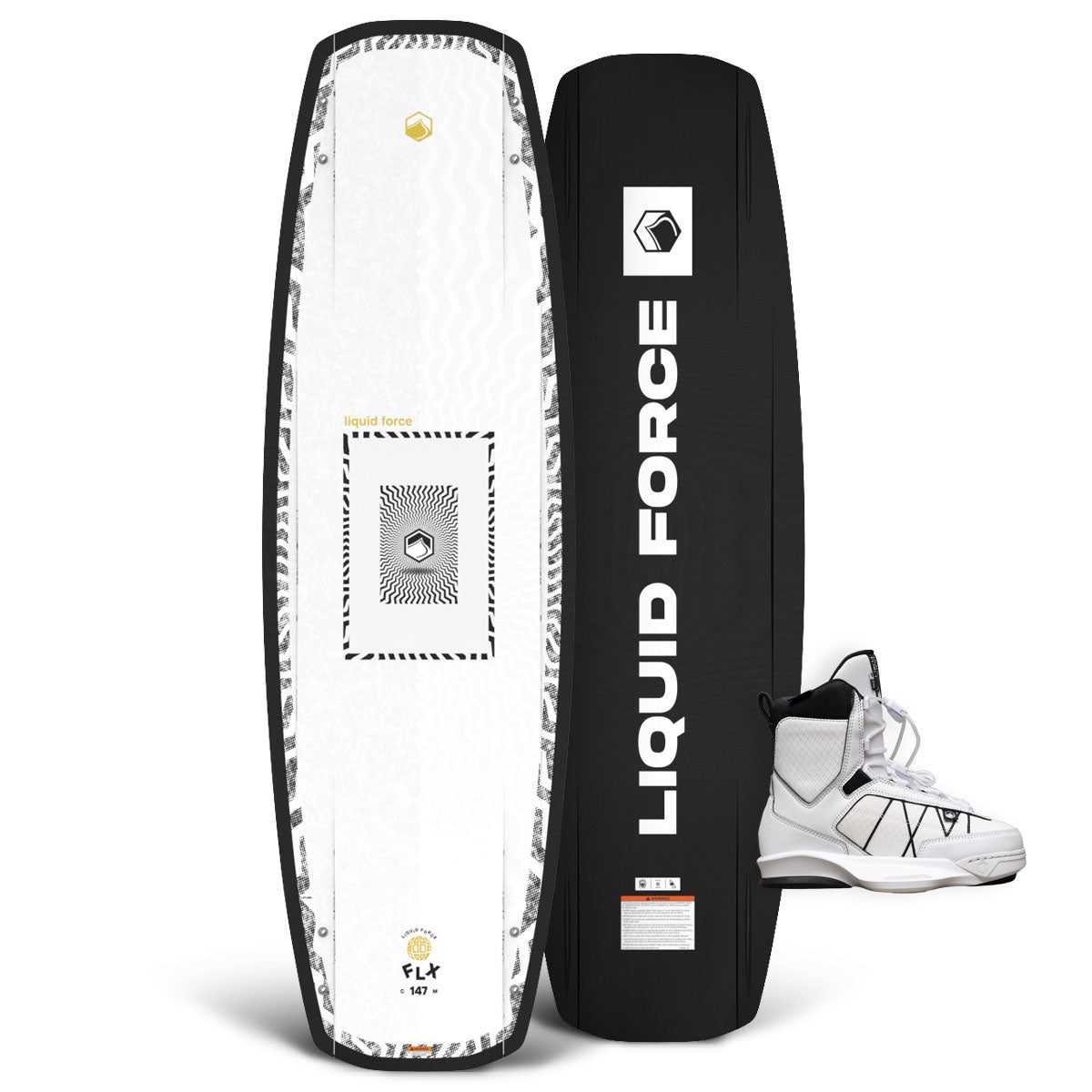 Top and base view of FLX wakeboard with white and black pattern and white TAO 6X bindings.