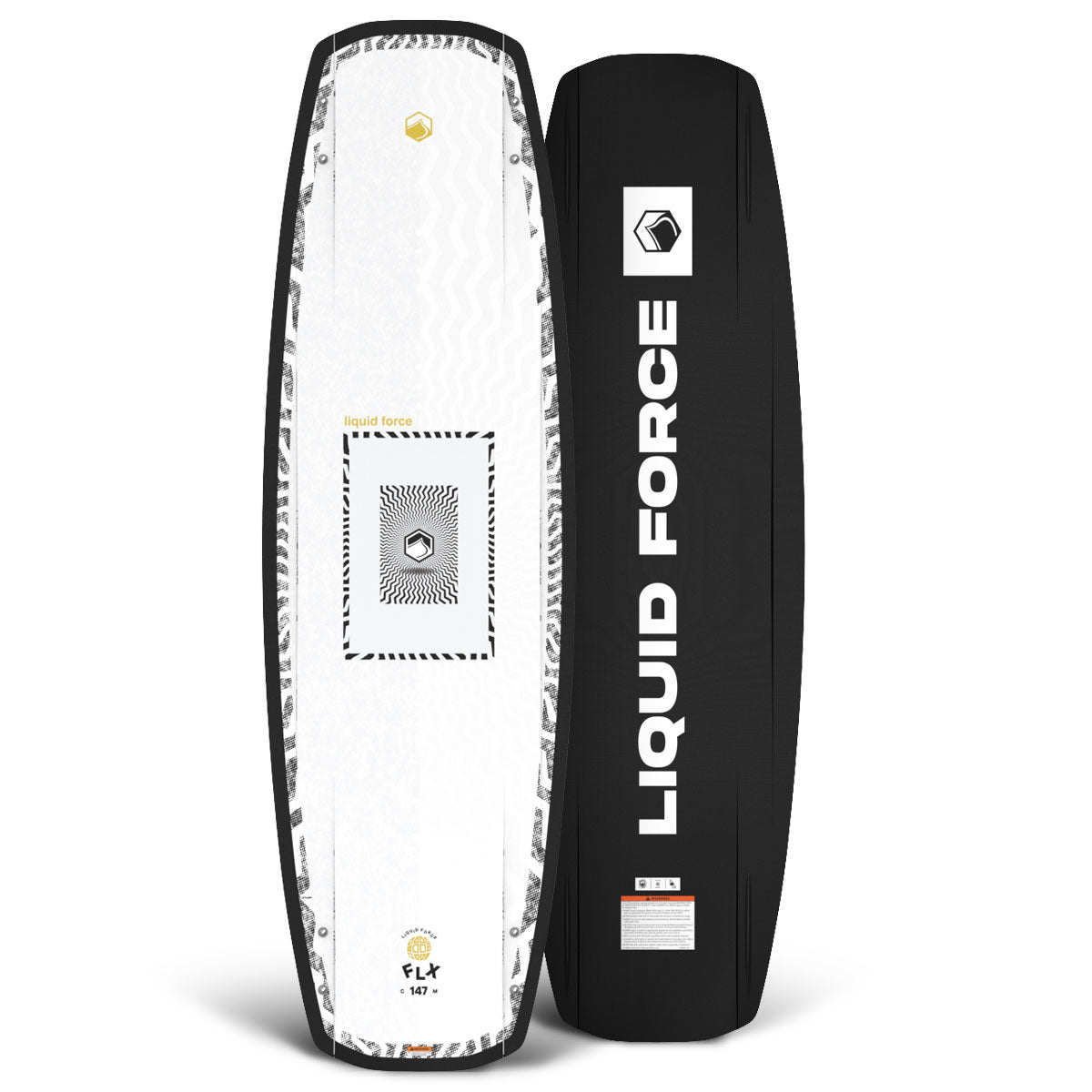 Front and back view of FLX wakeboard with black edges and white deck featuring geometric graphics.