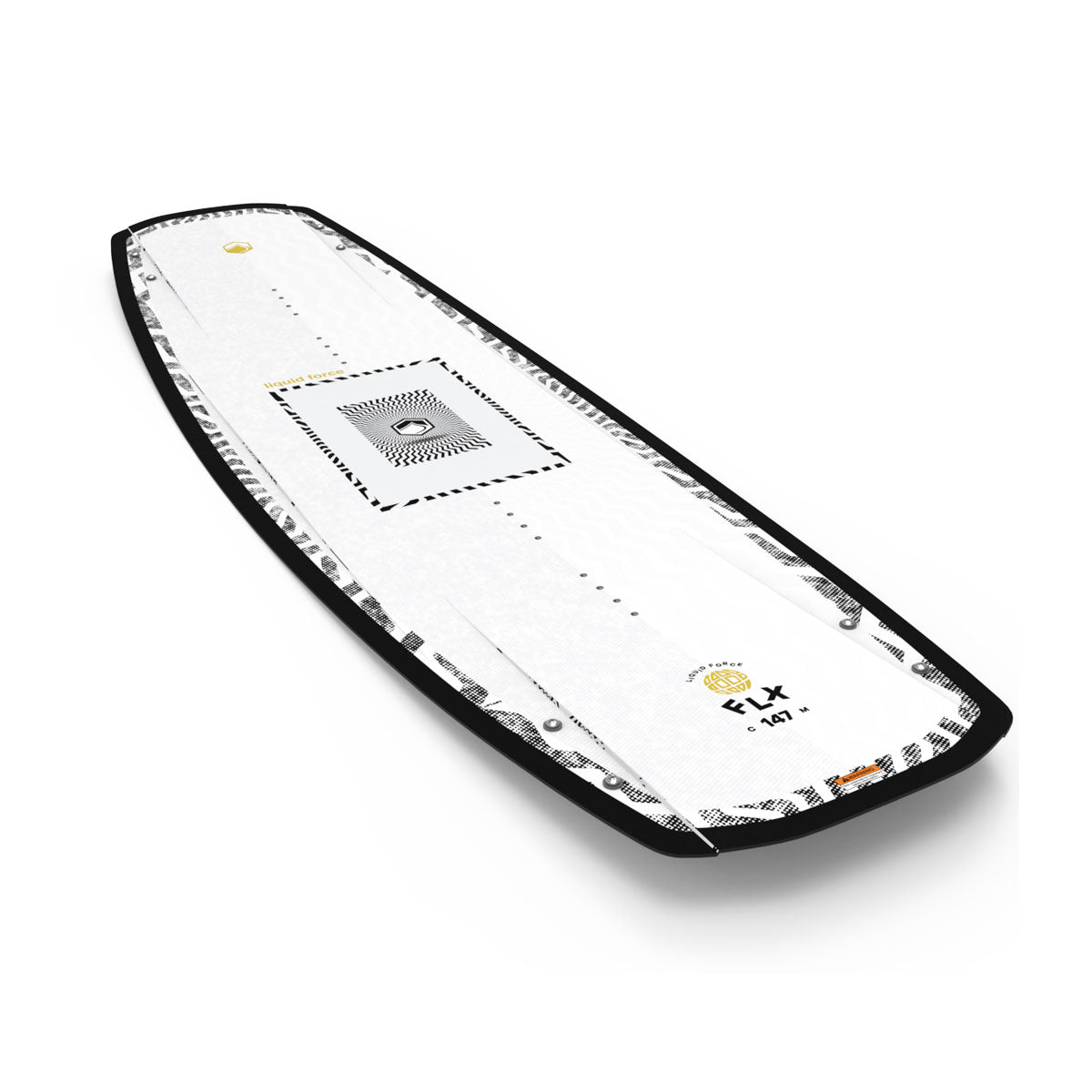 Front and back view of FLX wakeboard with black edges and white deck featuring geometric graphics.