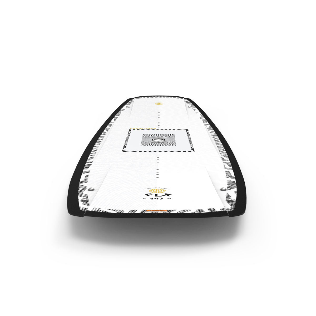 Rear view of FLX wakeboard highlighting white deck with patterned graphics and black trim.