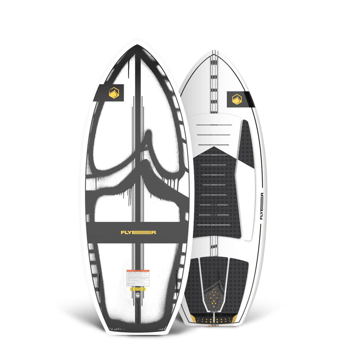 Top and base view of the Flyer Thruster 4'5" wakesurfer with black, white, and yellow graphics.