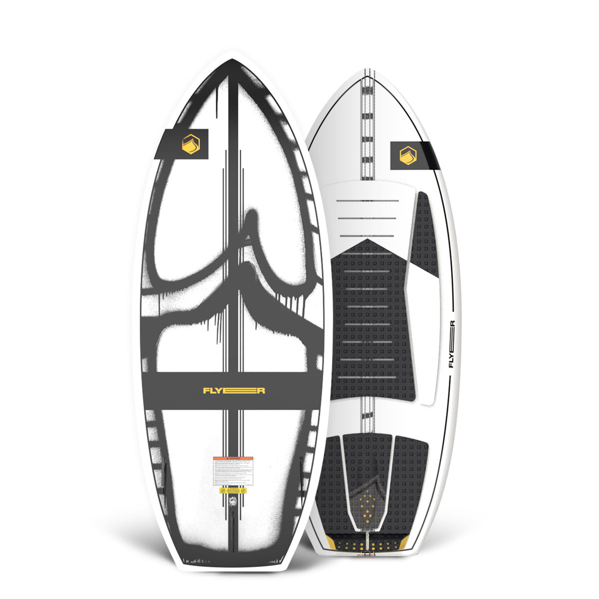 Top and base view of the Flyer Thruster 4'5" wakesurfer with black, white, and yellow graphics.