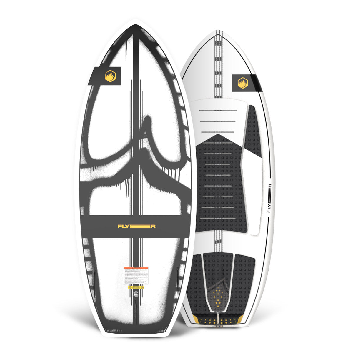 Top and base view of the Flyer Thruster 5'1" wakesurfer with black, white, and yellow graphics.