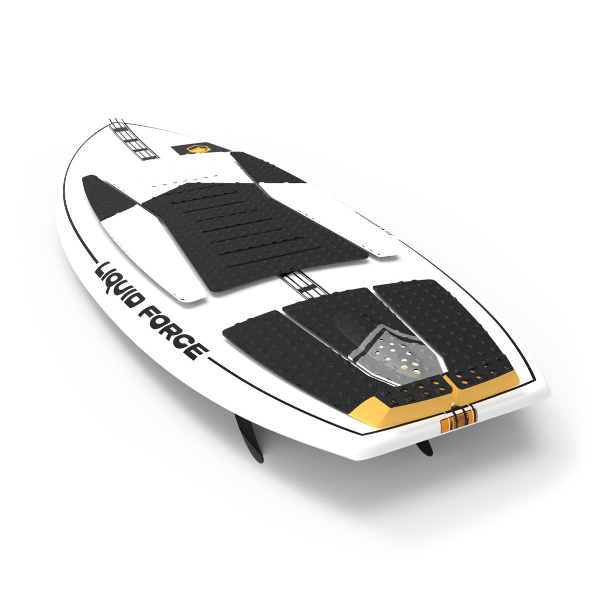 Angled top view of the Flyer Thruster wakesurfer with black traction pads.
