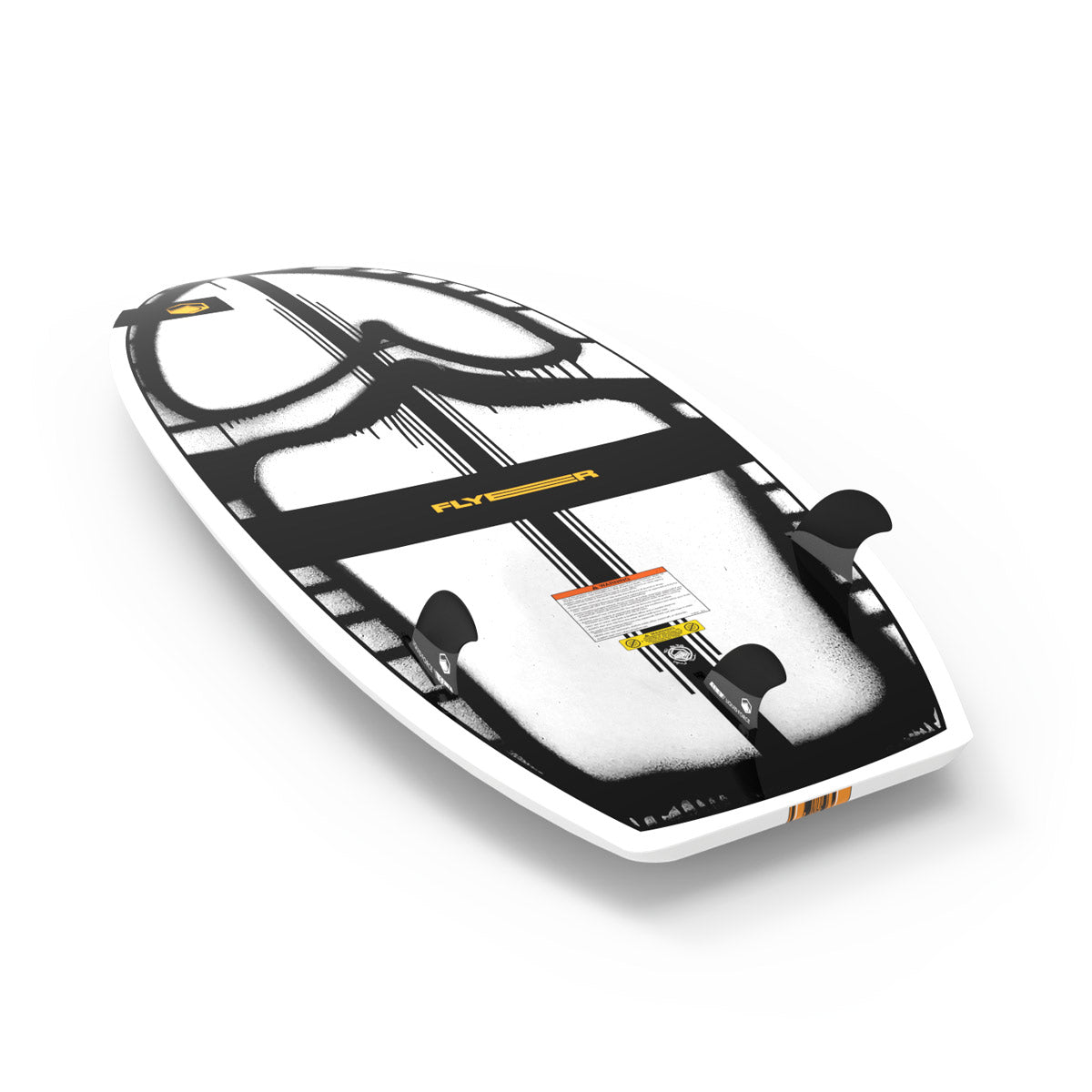 Angled base view of the Flyer Thruster wakesurfer with black fins and graphics.