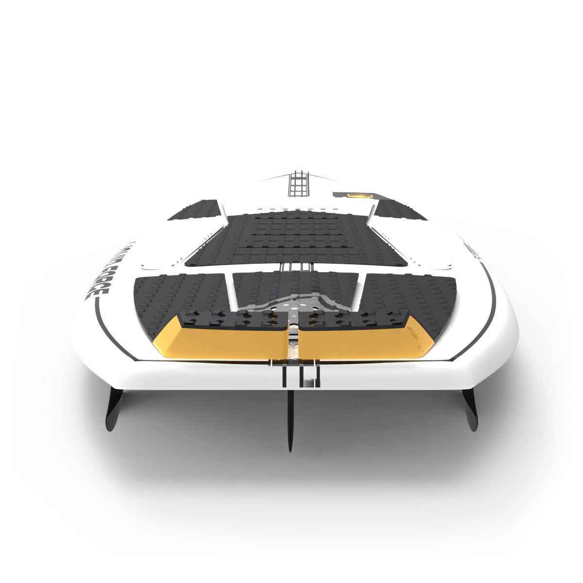 Tail view of the Flyer Thruster wakesurfer with black fins and yellow kick pad.