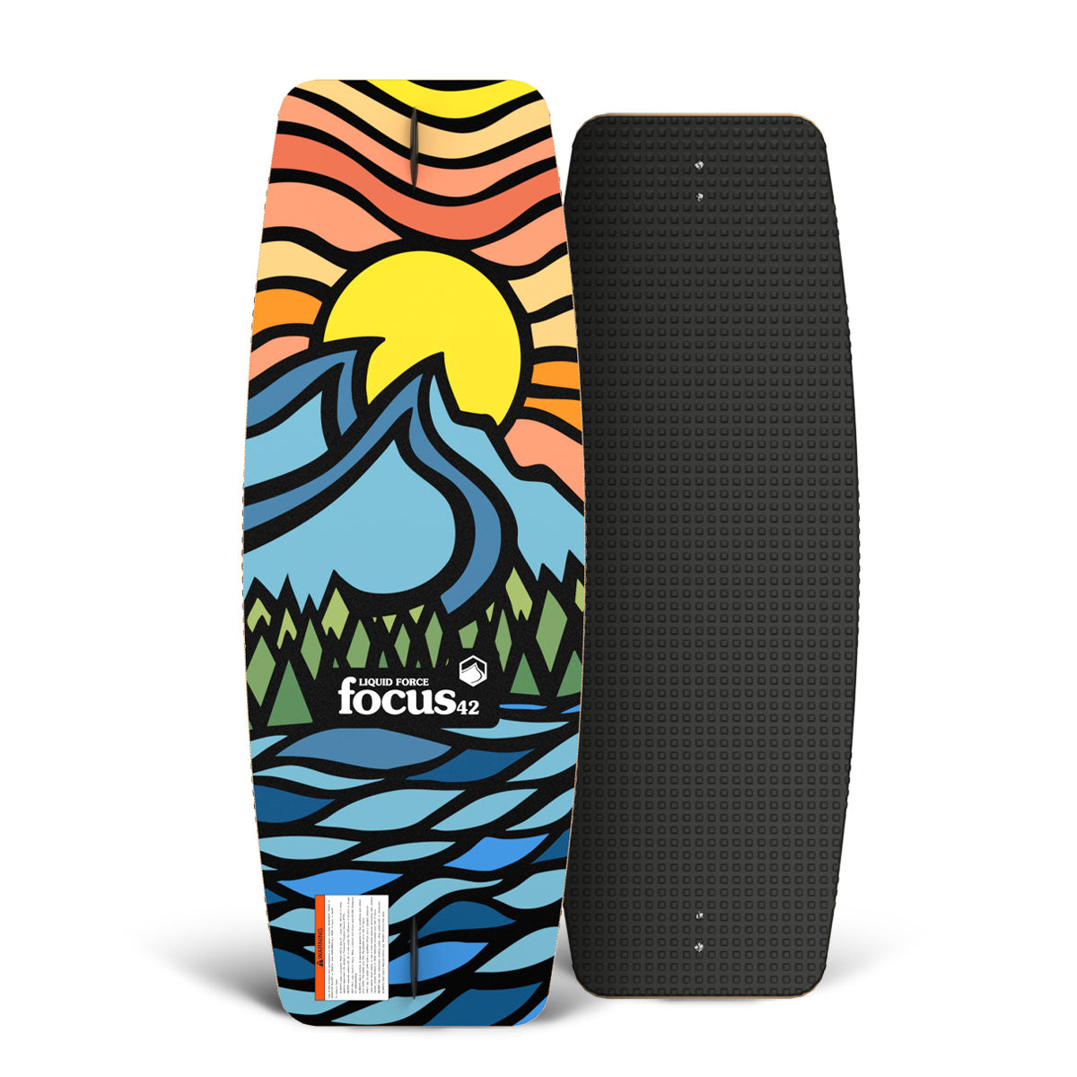 Front and back of Focus Skate 42" wakeskate featuring a mountain sunrise graphic and textured black top.