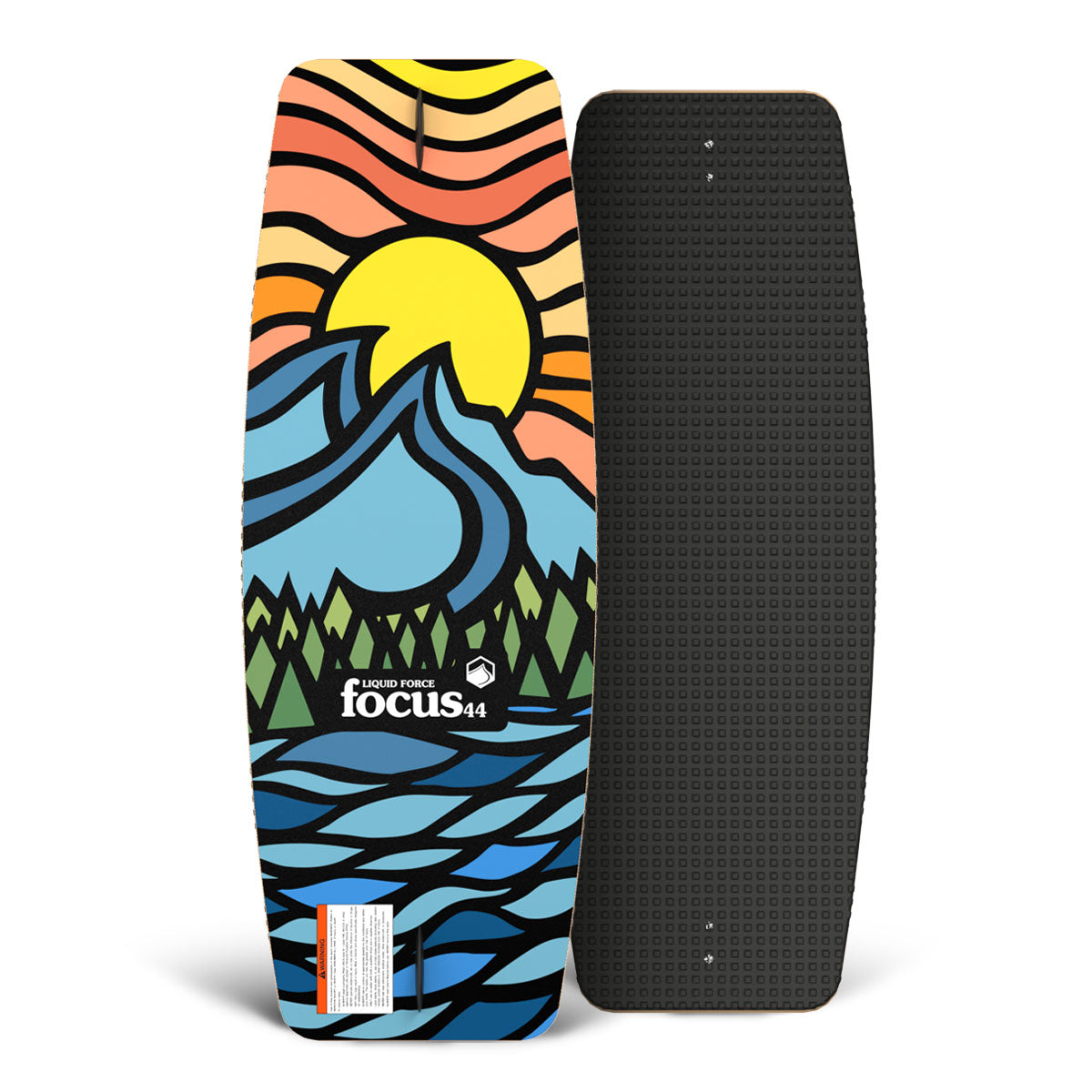 Front and back of Focus Skate 44" wakeskate featuring a mountain sunrise graphic and textured black top.
