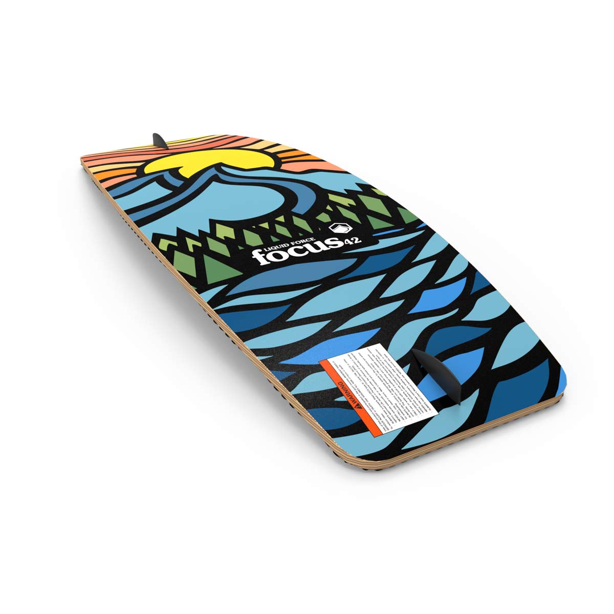 Angled view of the Focus Skate base with a colorful graphic design and a center fin.