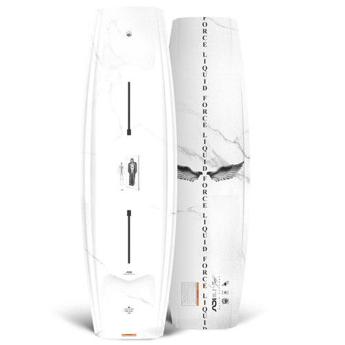 Top and base view of Grail wakeboard with white marble design and black vertical graphics.