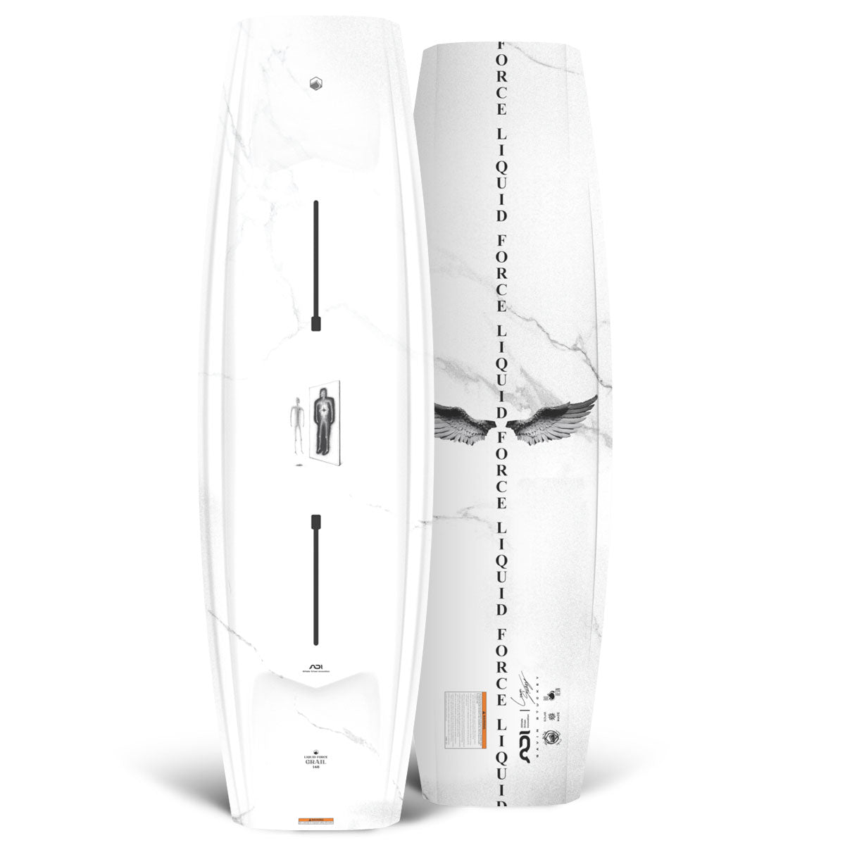 Top and base view of Grail wakeboard with white marble design and black vertical graphics.