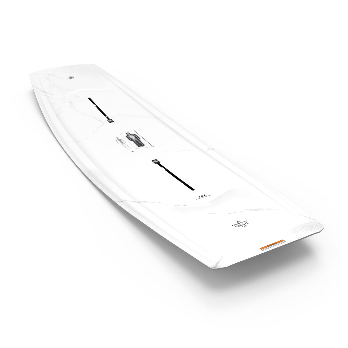 Top and base view of Grail wakeboard with white marble design and black vertical graphics.
