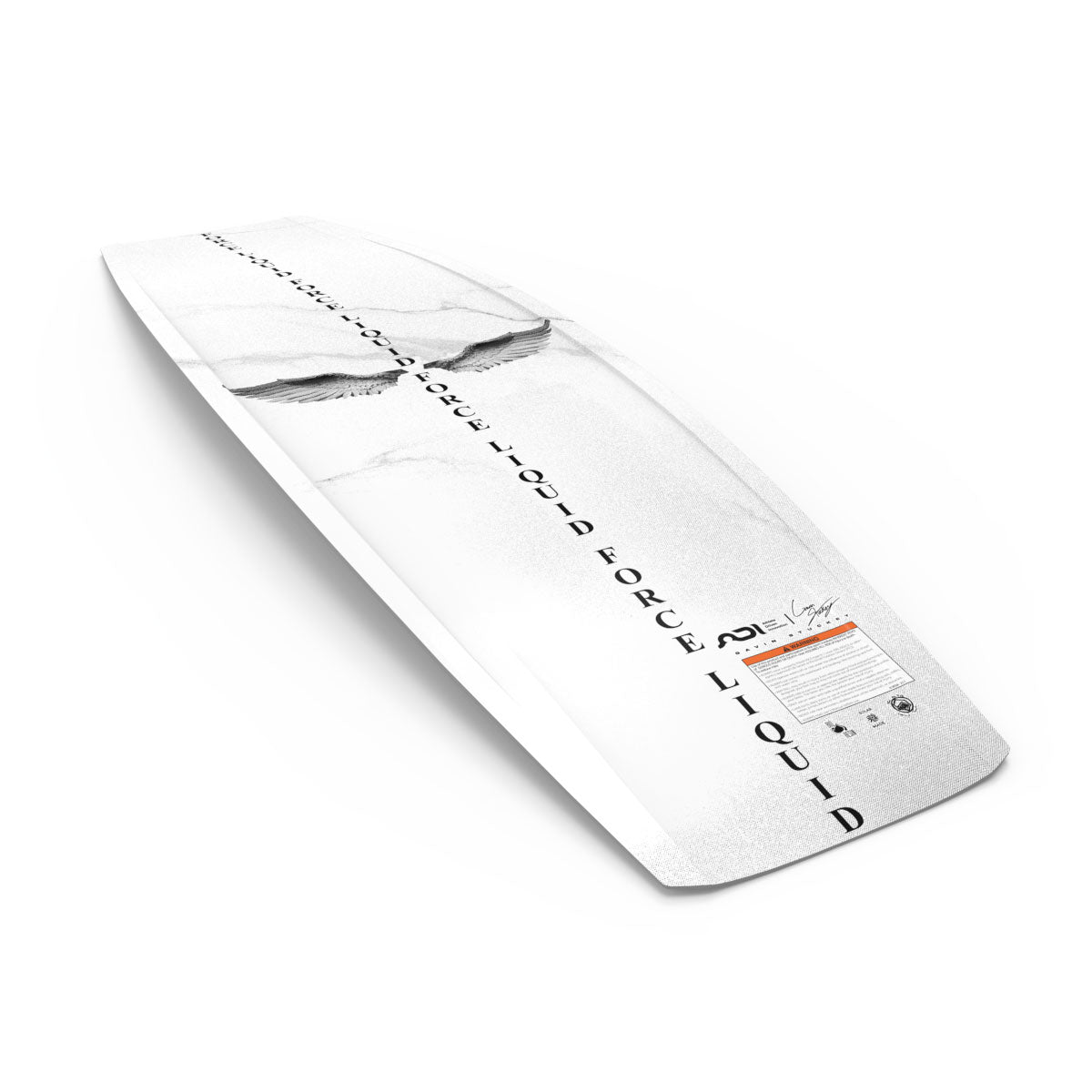 Bottom view of Grail wakeboard with Liquid Force text and wing graphic.