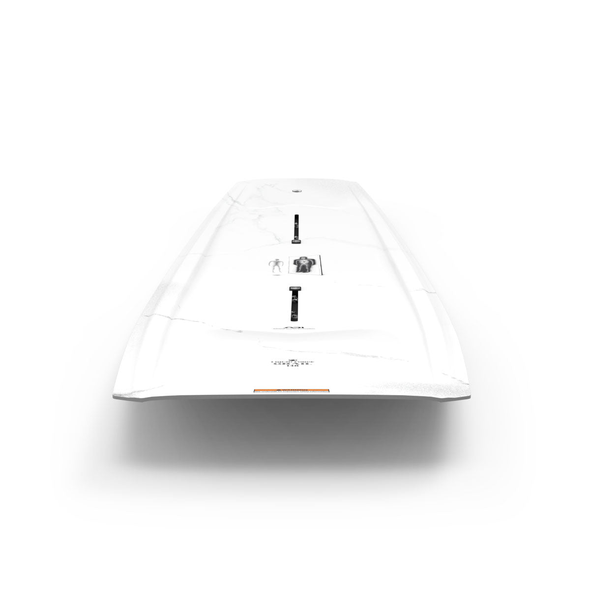 Rear angle of Grail wakeboard with marble design and black figure graphic.