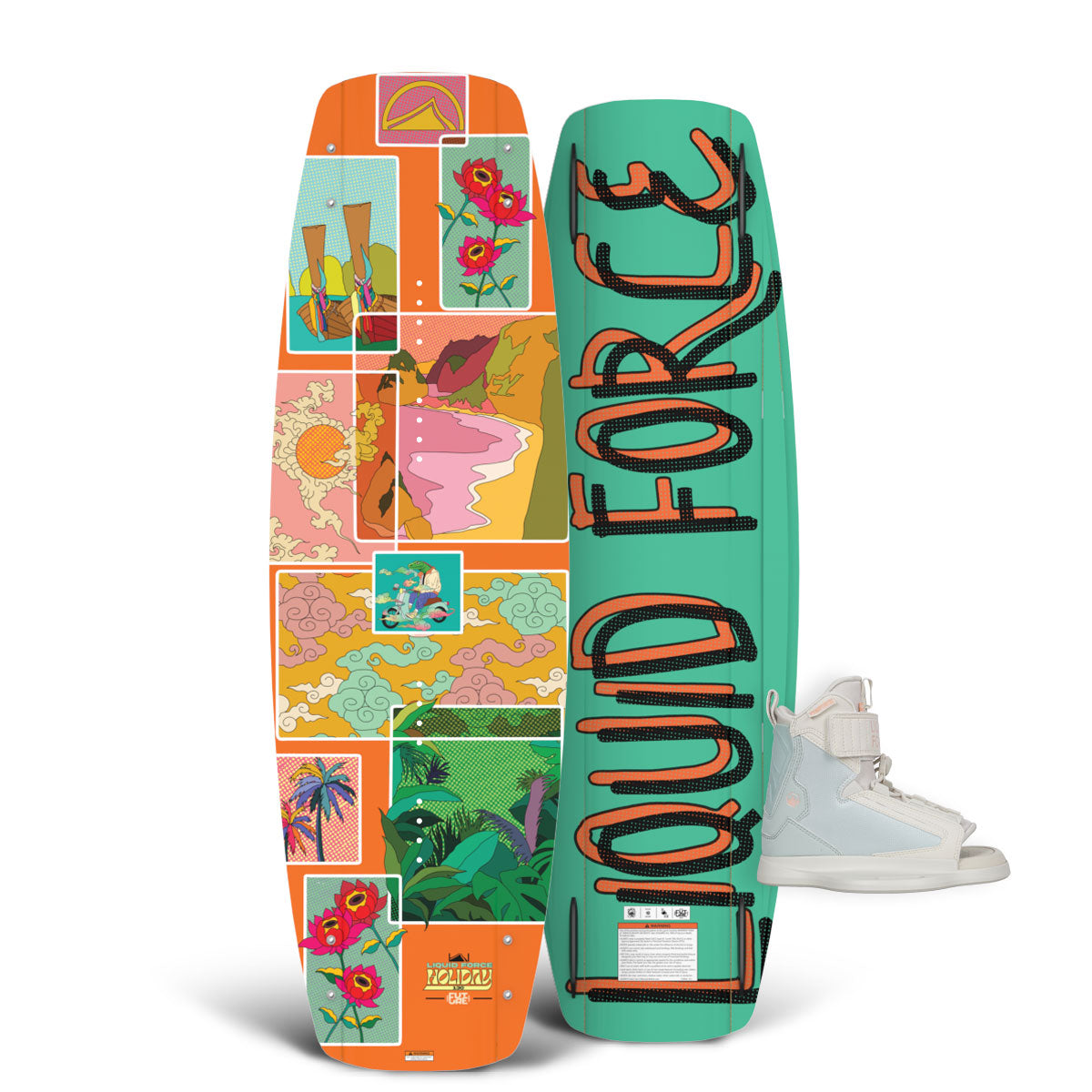 Top and base view of Holiday FS wakeboard with tropical artwork and white Dream 6R bindings.