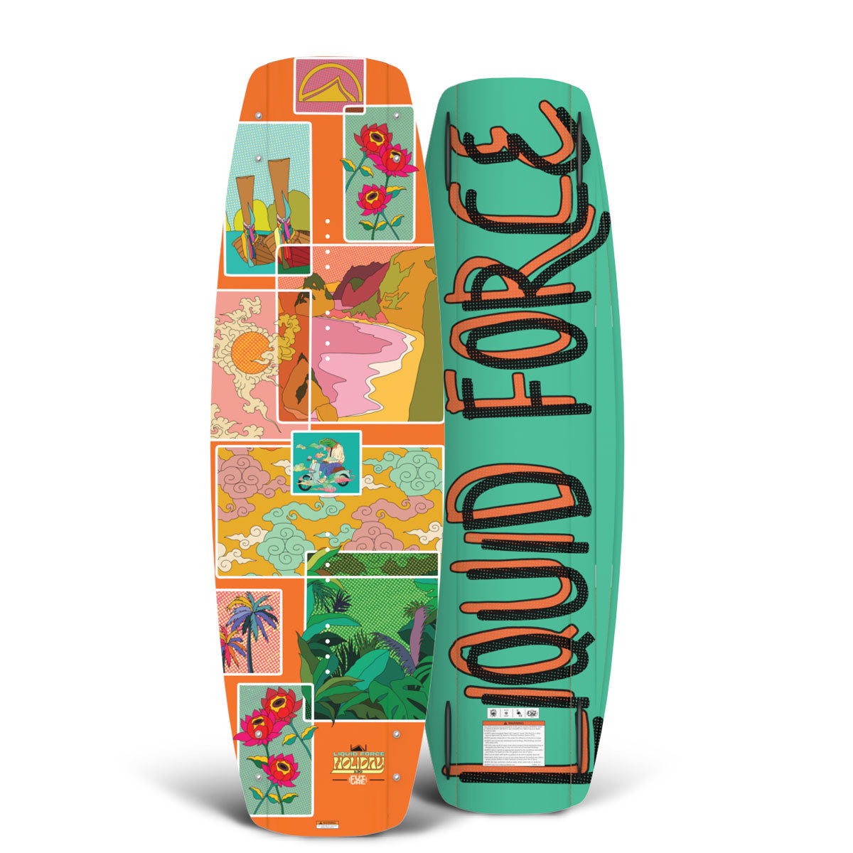 Front and back view of Holiday FS wakeboard with teal and orange tropical artwork.