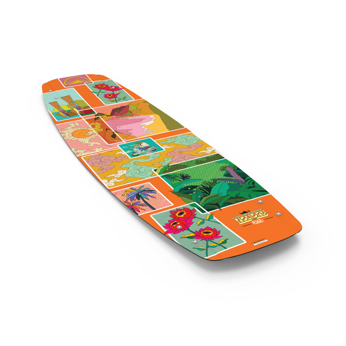 Angled view of Holiday FS wakeboard showing bright orange graphic panels.