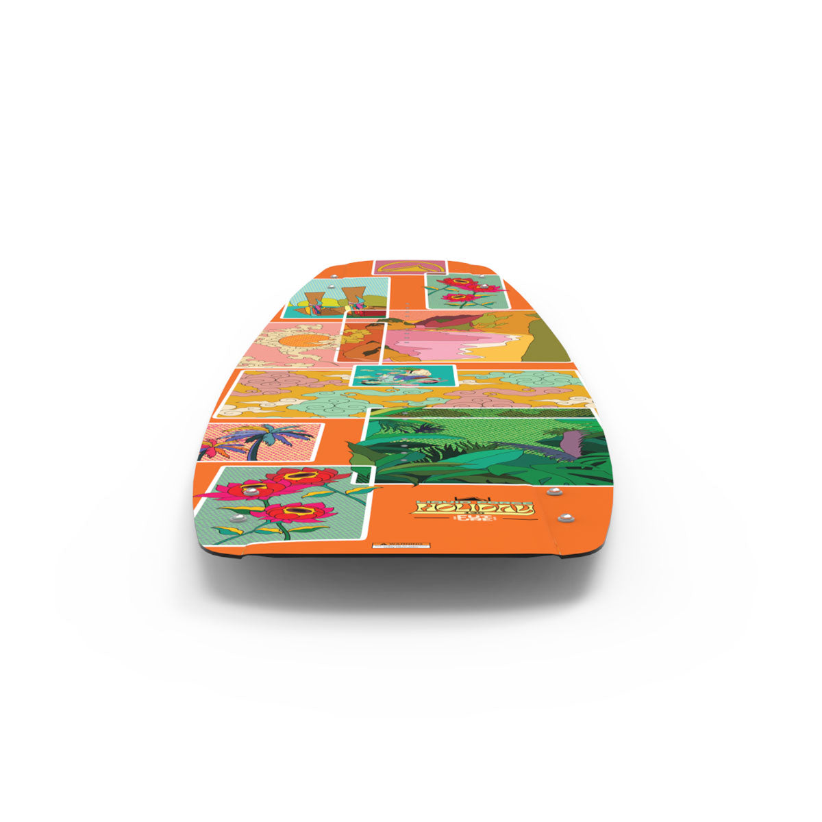 Rear view of Holiday FS wakeboard with colorful island-inspired design.