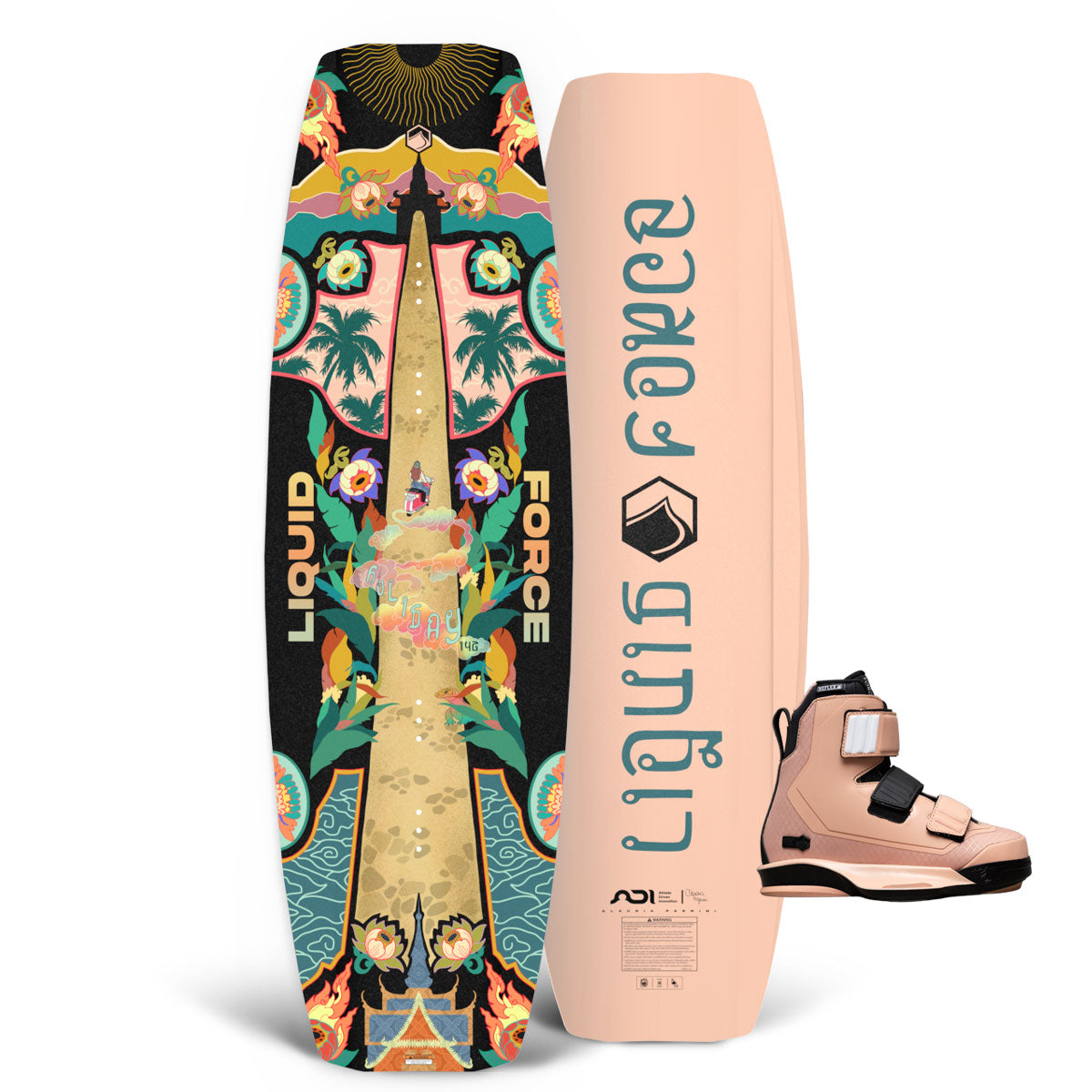 Top and base view of Holiday wakeboard with coral tropical design and pink Hook 6X bindings.