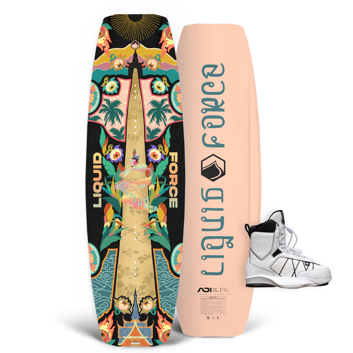 Top and base view of Holiday wakeboard with coral tropical design and white TAO 6X bindings.