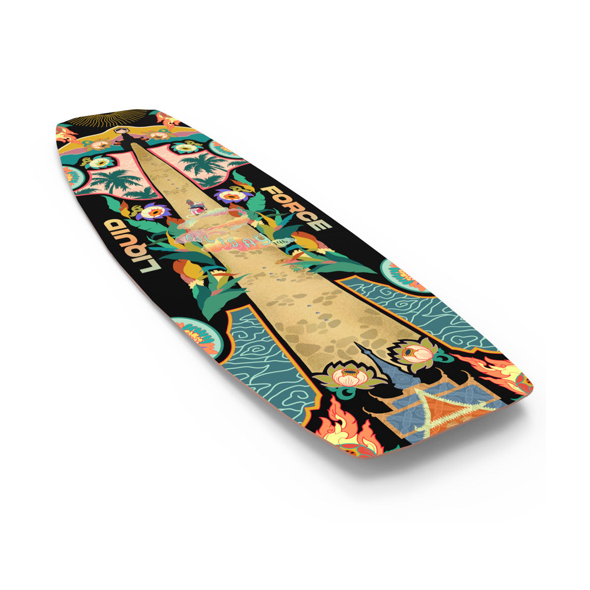 Holiday wakeboard top and base with vibrant tropical floral and sunburst design.