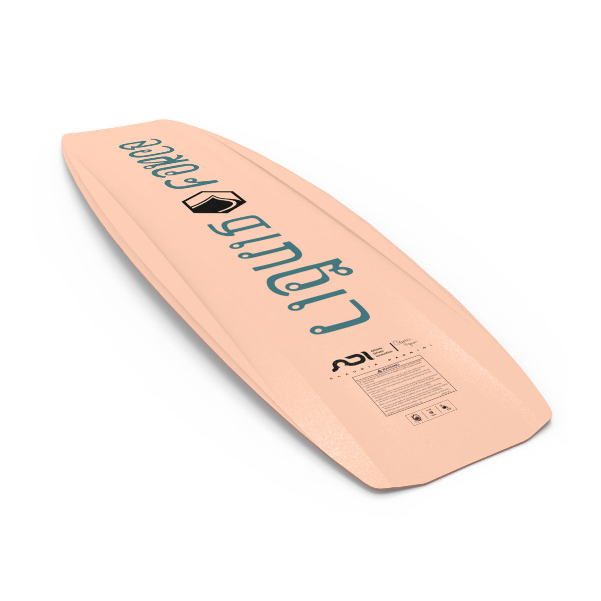Bottom view of Holiday wakeboard with peach base and teal logo design.
