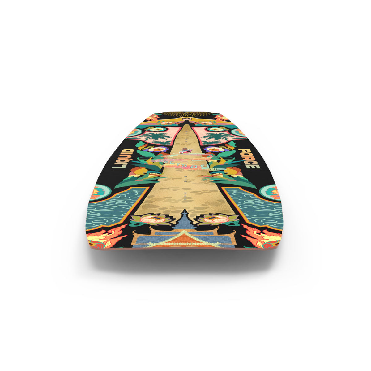 Rear view of Holiday wakeboard with bold tropical graphic artwork.