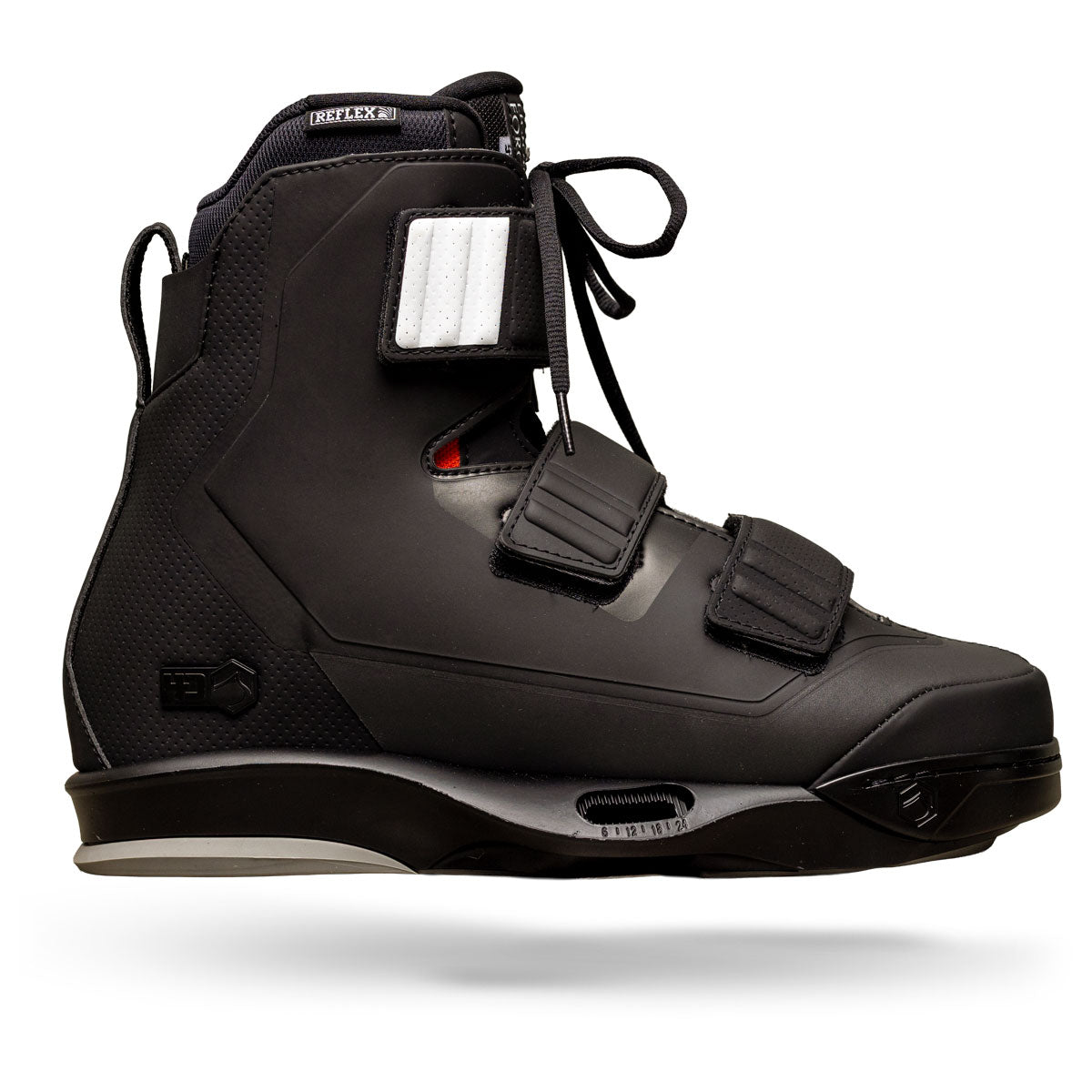 Side view of the Hook 4D binding in black with dual straps and lace-up closure.