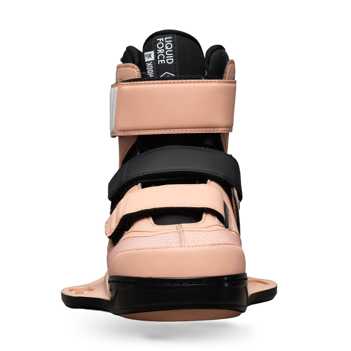 Front view of Hook 6X binding in coral with triple strap closure.