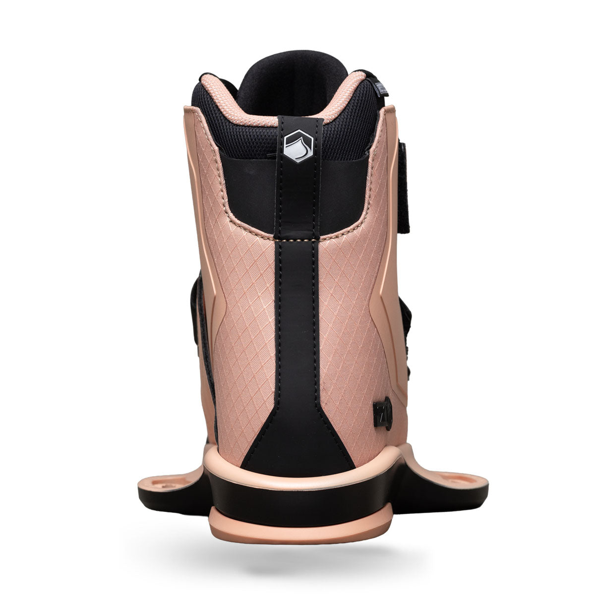 Back view of Hook 6X binding in coral with black heel panel.