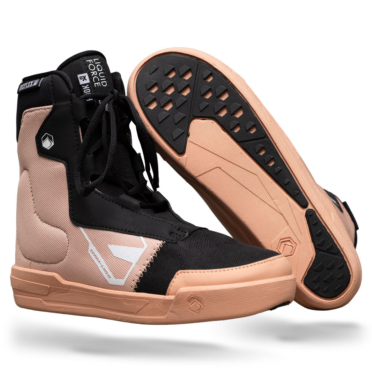 Angled view of Hook 6X liner in black with coral sole and white logo detail.