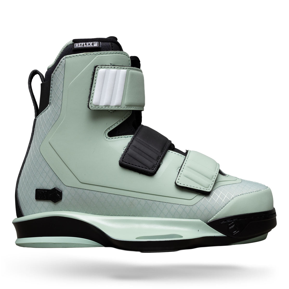 Side view of Hook 6X binding in sage green with black straps and white accent detail.