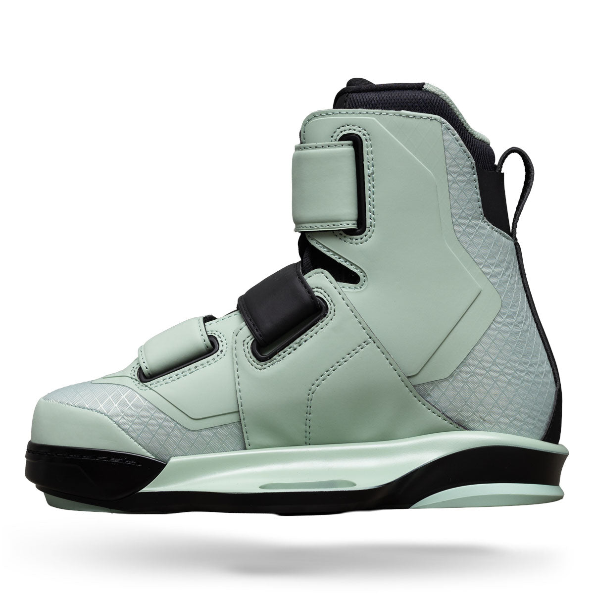 Side view of Hook 6X binding in sage green with black straps and white accent detail.