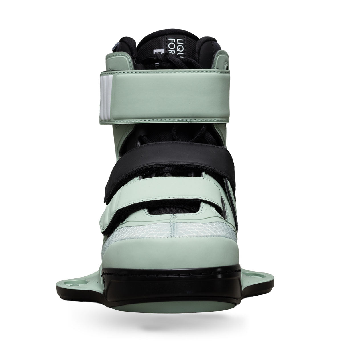 Front view of Hook 6X binding in sage green with triple strap closure.