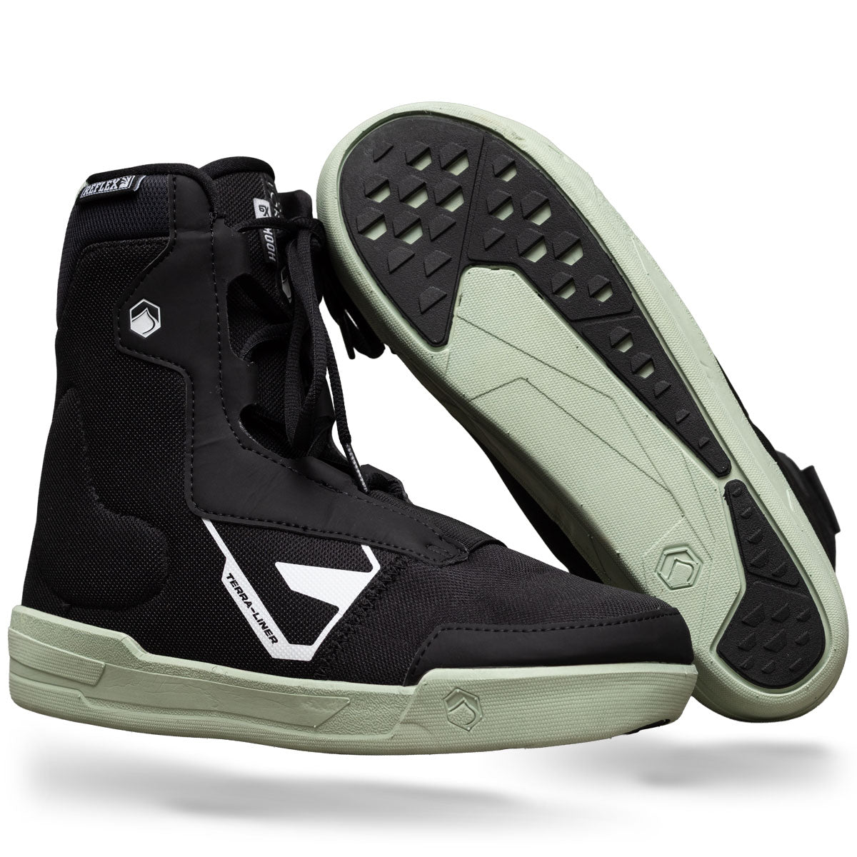 Angled view of Hook 6X liner in black with sage green sole and white logo detail.