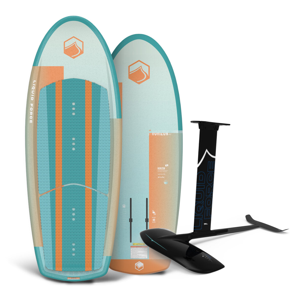 Top and base view of Horizon foil board in teal and orange with Alloy Launch 1200 FuseLock foil.