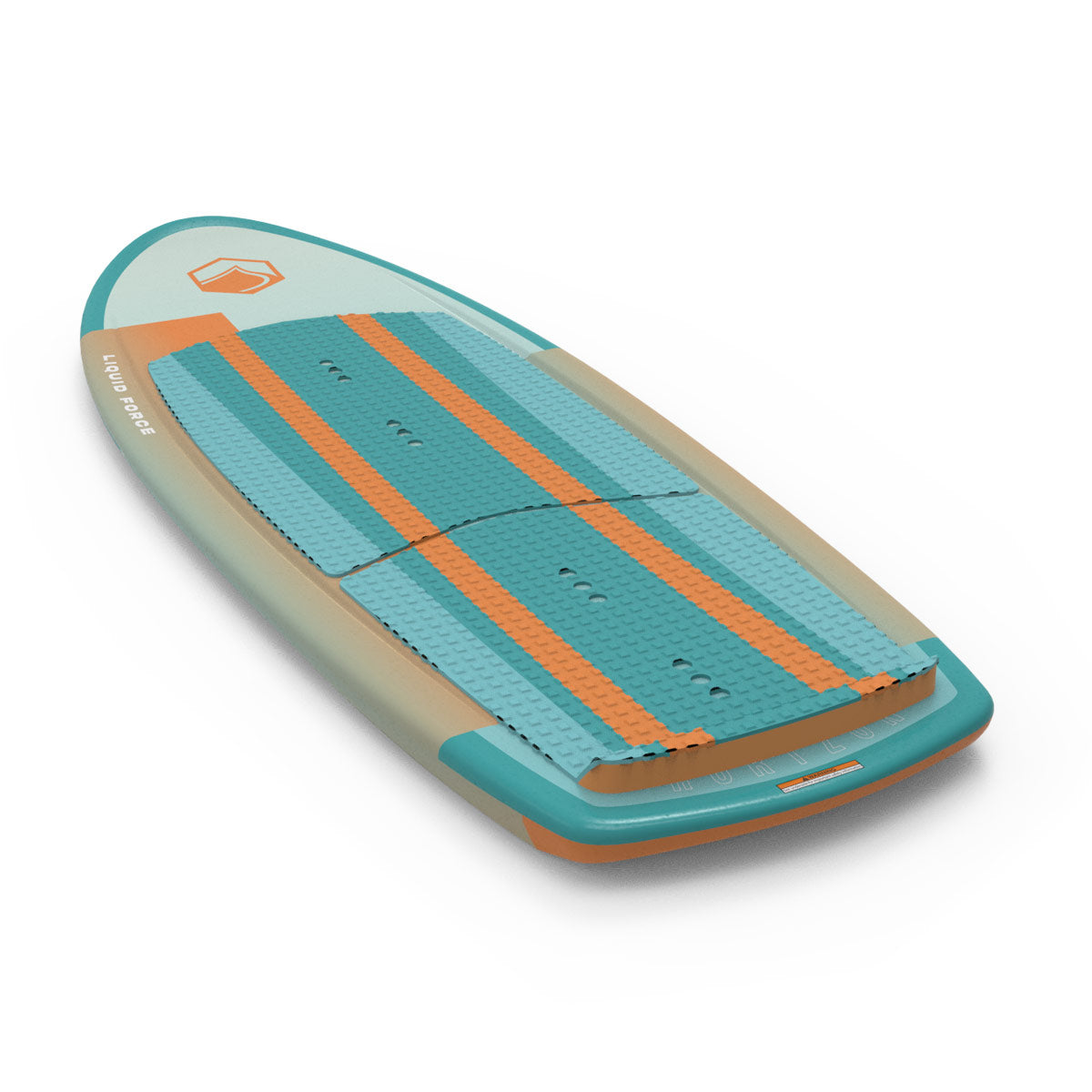 Angled view of the Horizon foil board displaying teal and orange deck with grip texture.