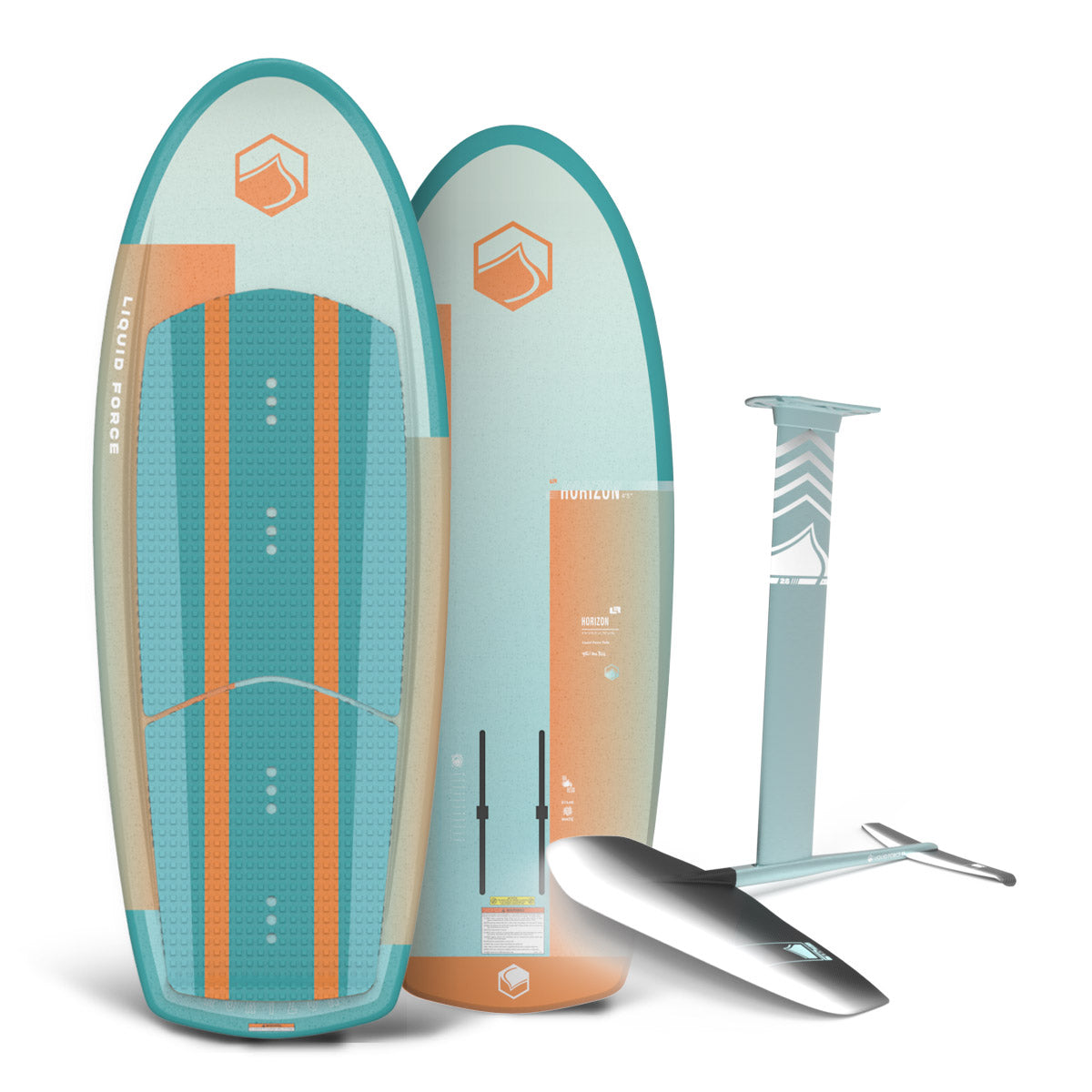 Top and base view of Horizon foil board in teal and orange with Legacy Horizon 155 foil.