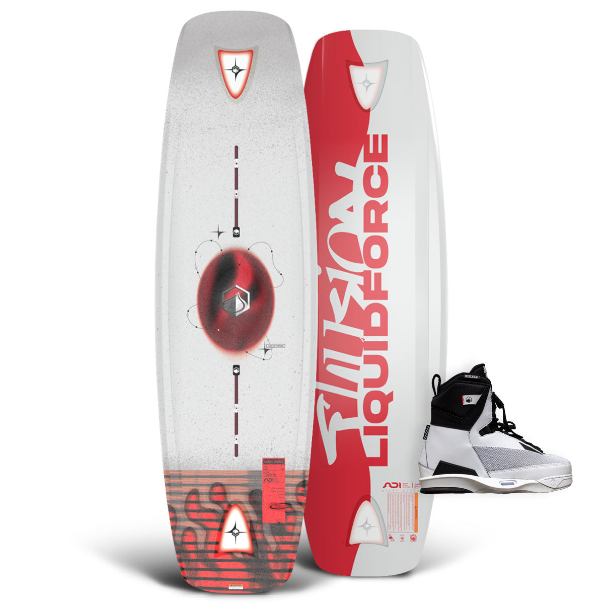 Front and back of Illusion wakeboard with red and white design shown beside black and white Aspect 4D bindings.