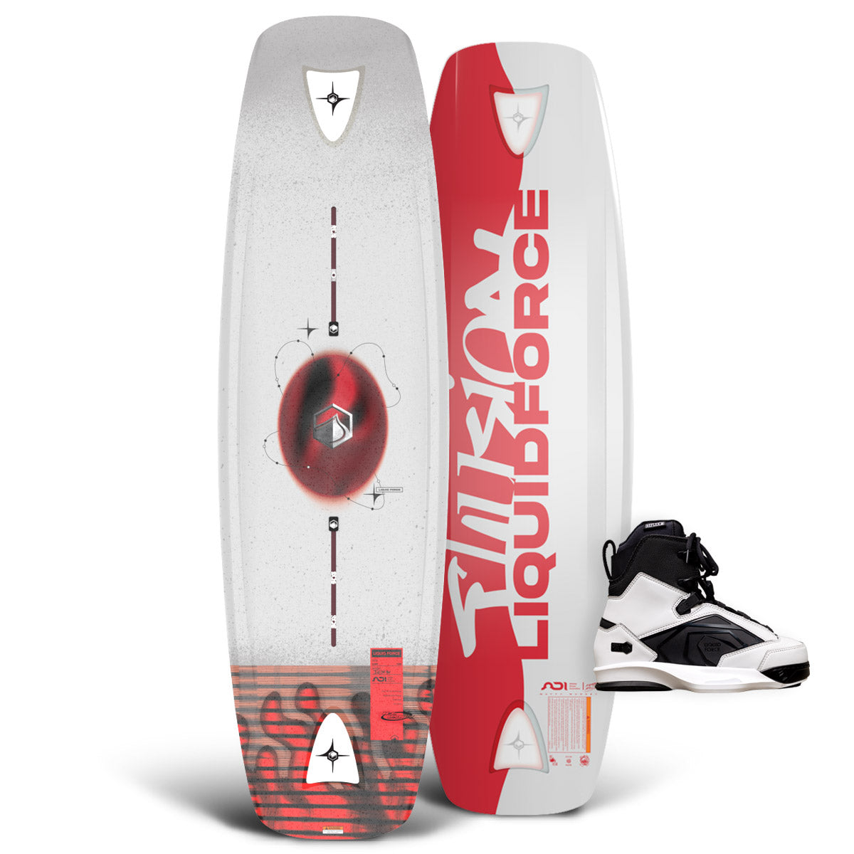 Front and back of Illusion wakeboard with red and white design shown beside black and white Terra 6X bindings.