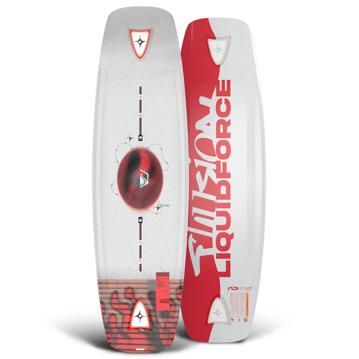 Illusion wakeboard with white deck and red gradient details, top and base shown.