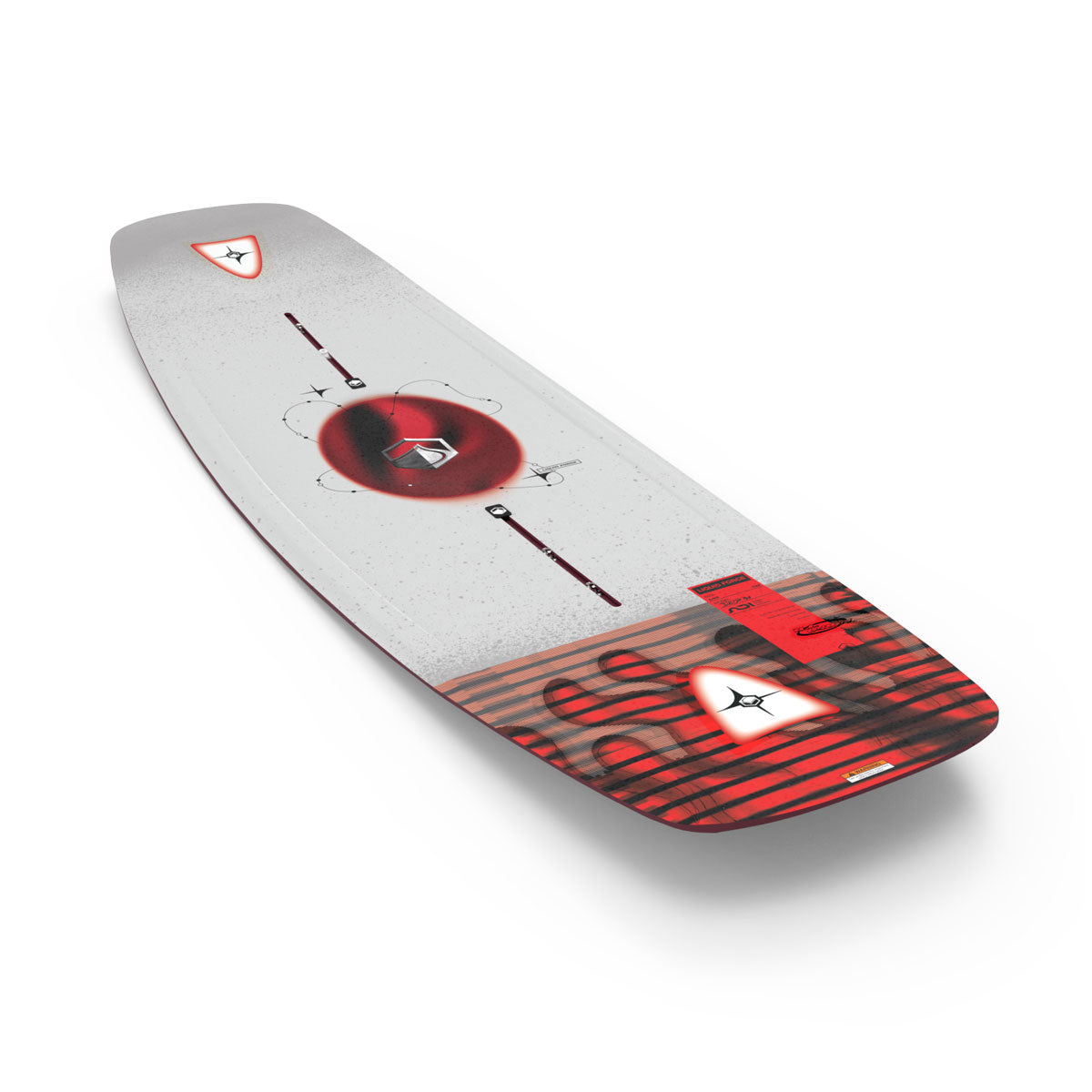 Angled view of Illusion wakeboard showing red circular graphic on white deck.