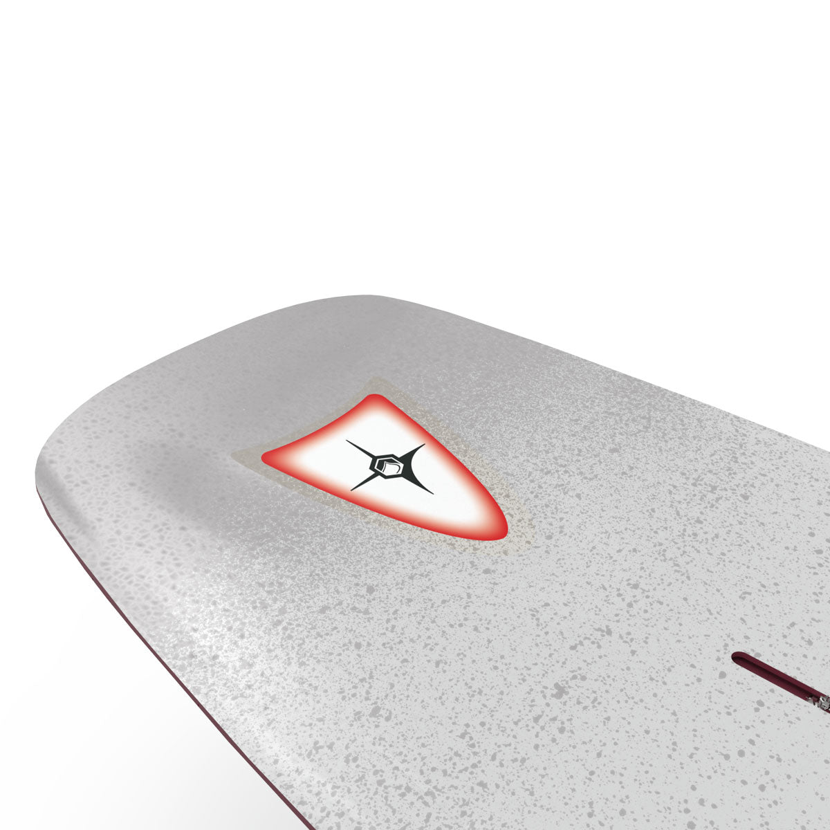 Close-up of Illusion wakeboard tip with red and white shield graphic.