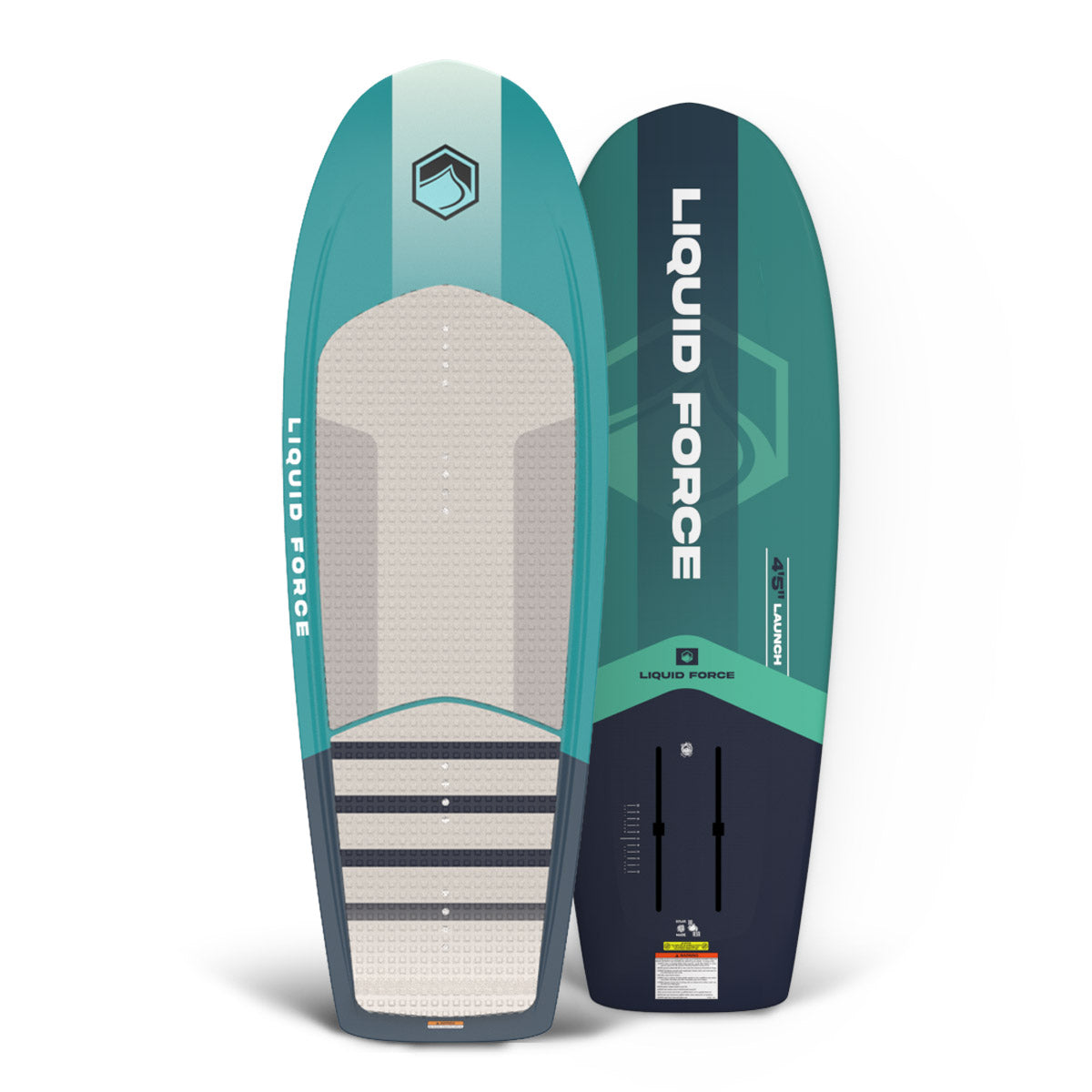 Top and bottom view of the Launch foil board in teal, navy, and gray with textured deck pad.