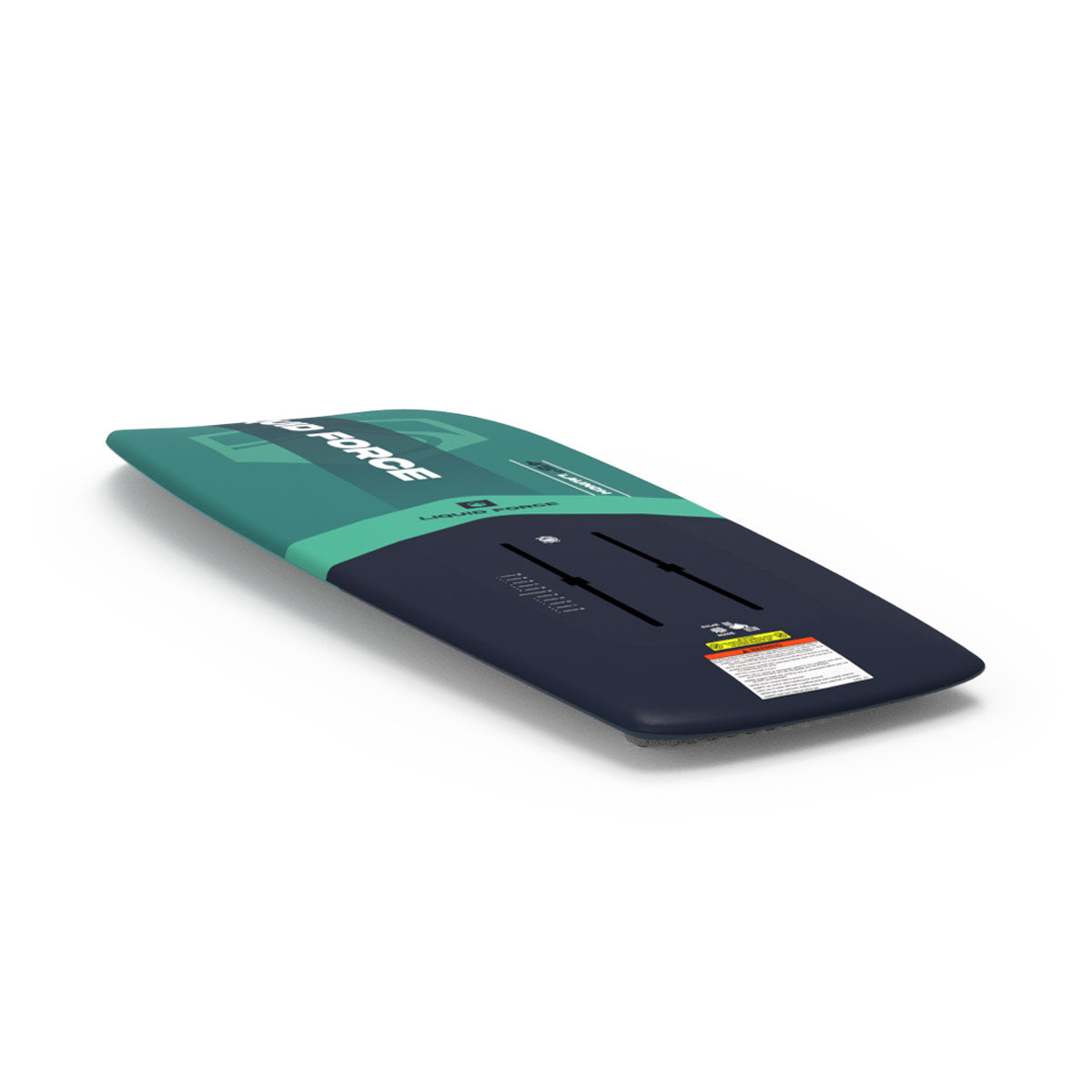 Angled rear view of the Launch foil board showing foil mounting tracks and navy tail section.