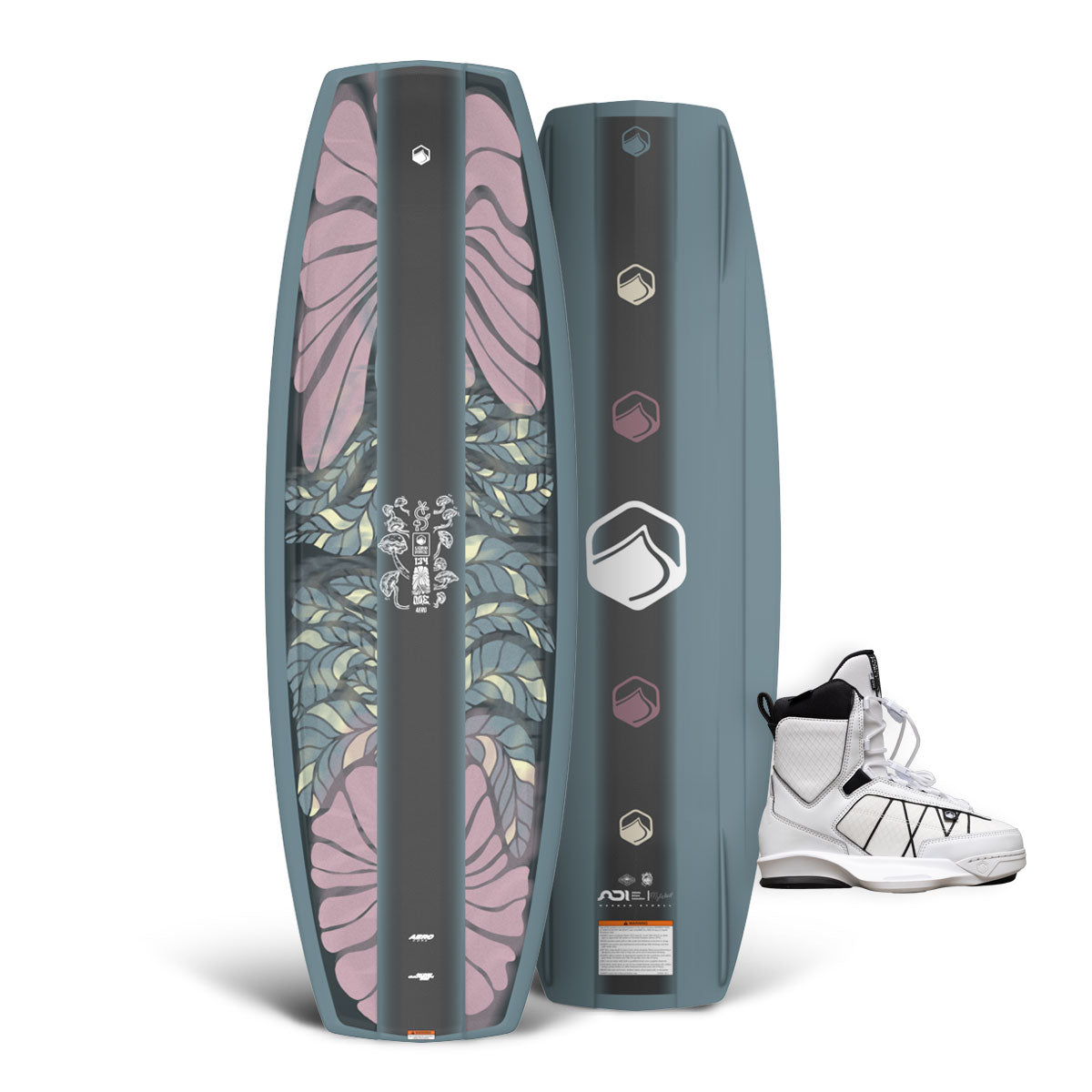 Front and back of M.E. AERO wakeboard with pastel leaf graphics shown beside white TAO 6X bindings.